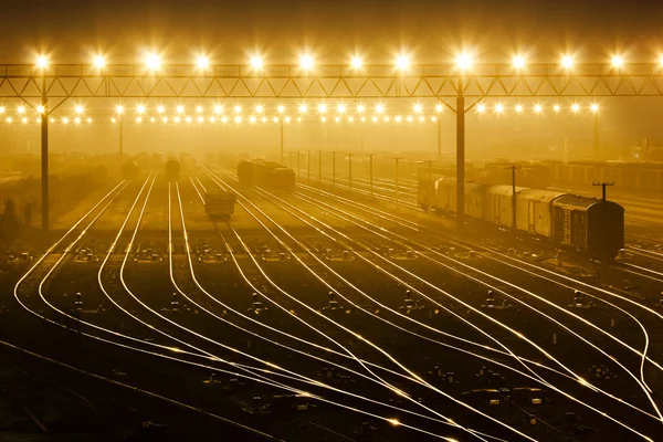 Plataforma de trem de carga ao pôr do sol com contêiner — Fotografia de Stock