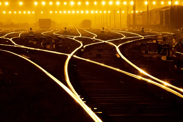 夜のとばりの下で貨物列車フィールド, — ストック写真