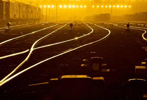 夜のとばりの下で貨物列車フィールド, — ストック写真