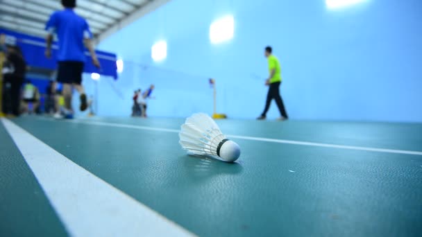 Badmintonbanor med spelare som tävlar i inomhus. — Stockvideo