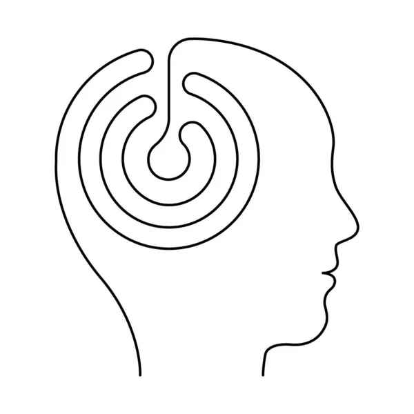 Cabeça homem com equilíbrio mental cérebro, labirinto linha contínua. Perfil de contorno rosto com órgão interno pensar, mente, calma. Ilustração vetorial — Vetor de Stock