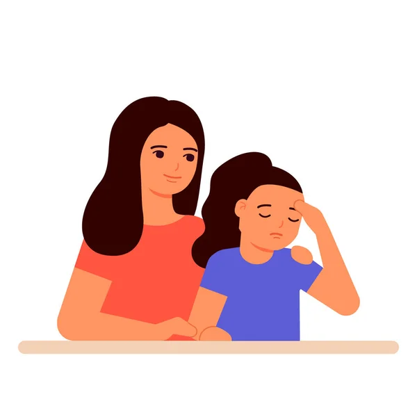 Mother supports and understands sad girl of child, help in family. Hug, love and care for mom and daughter. Vector illustration — Stock Vector