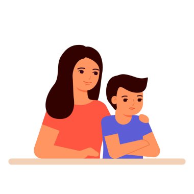 Anne, çocuğun üzgün oğlunu destekler ve anlar, aileye yardım eder. Anne ve oğluna sarıl, sev ve ilgi göster. Vektör illüstrasyonu