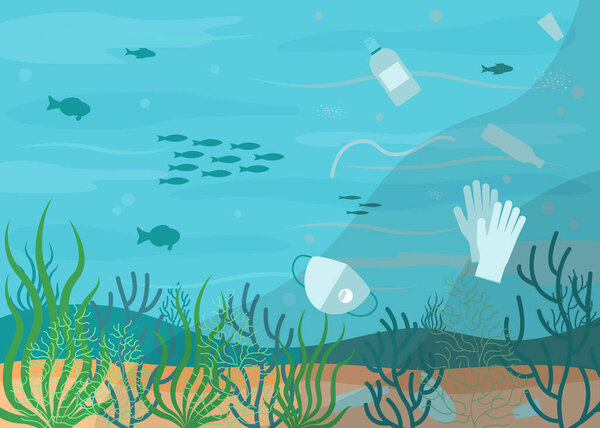 Unclean water, sea pollution, underwater trash and waste. Plastic waste, bottles, used mask and gloves in water. Ecological problems. Marine bottom with sea plants and fishes, seascape. Vector