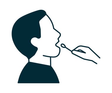 COVID-19 için ağız temizleme testi, ikon. Hızlı analiz için ağız sondası. Varlığını kontrol etmek için. Yüz profili ve sağlık çubuğu. Vektör