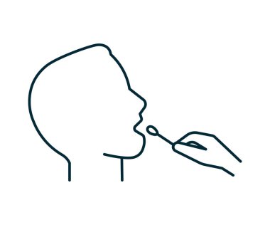 COVID-19 için ağız temizleme çubuğu testi, çizgi simgesi. Hızlı analiz için ağız sondası. Varlığını kontrol etmek için. Yüz profili ve sağlık çubuğu. Vektör işareti