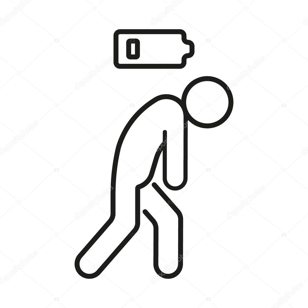 Tired person icon, line symbol. People with problem, burnout on work, stress. Low charge and lack battery energy from fatigue, exhausted. Vector illustration