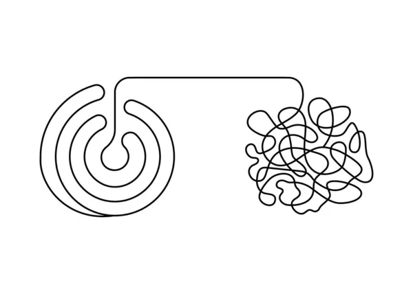 Verwarring en ontwarring, wissel logica van gedachten met schema en verwarde creatieve denkende hersenen, continue lijn. Wanorde, chaos en orde, mentaal evenwicht. Psychologie concept. Problemen oplossen. Vector — Stockvector