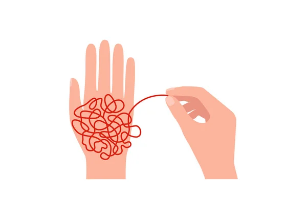 Hand untangle clutter, creative thinking, continuous tangle line. Disorder, chaos decrypt in order, mental balance. Psychology concept. Problems solution. Vector — Stock Vector