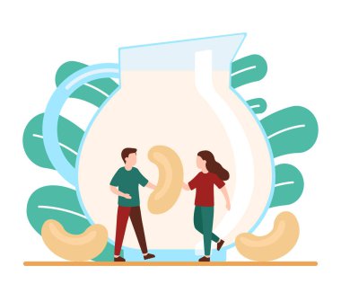 Ceviz ve kaju fıstığı sütü. Kaju sütü üretim süreci. İnsanlar yapıyor. Vektör