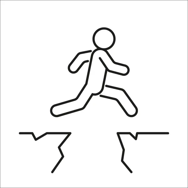 Running with obstacle over cliffs, courage in jump through gap between hill, line icon. Run man. Movement and achievement. Business risk and success concept. Athletics, sport. Vector illustration — Stock Vector