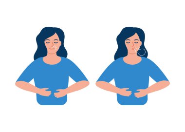 Kız nefes egzersizi yapıyor, derin nefes al ve içine çek. Nefes egzersizi. Sağlıklı yoga ve rahatlama. Vektör