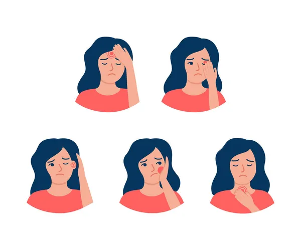Farklı kadın ağrıları, vücutta iltihaplanma. Hastalıklar baş ağrısı, göz ağrısı, kulak ağrısı, diş ağrısı, boğaz ağrısı. Sağlık kontrolü. Vektör illüstrasyonu