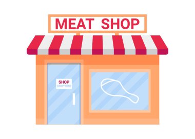 Dışarıdaki et dükkanında, dükkanda çiğ et var. Market alışverişi. Evin ön cephesine yazı. Evde küçük bir dükkan var. Vektör düz resimleme