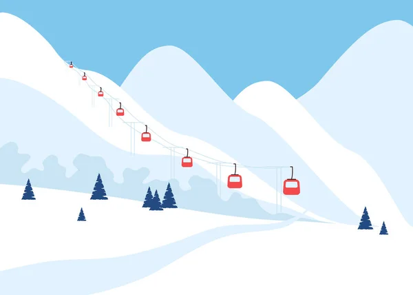 Centro de nieve en montaña con ascensor, paisaje de pendiente de invierno. Estilo de vida saludable, recreación al aire libre, deporte. Ilustración vectorial — Vector de stock