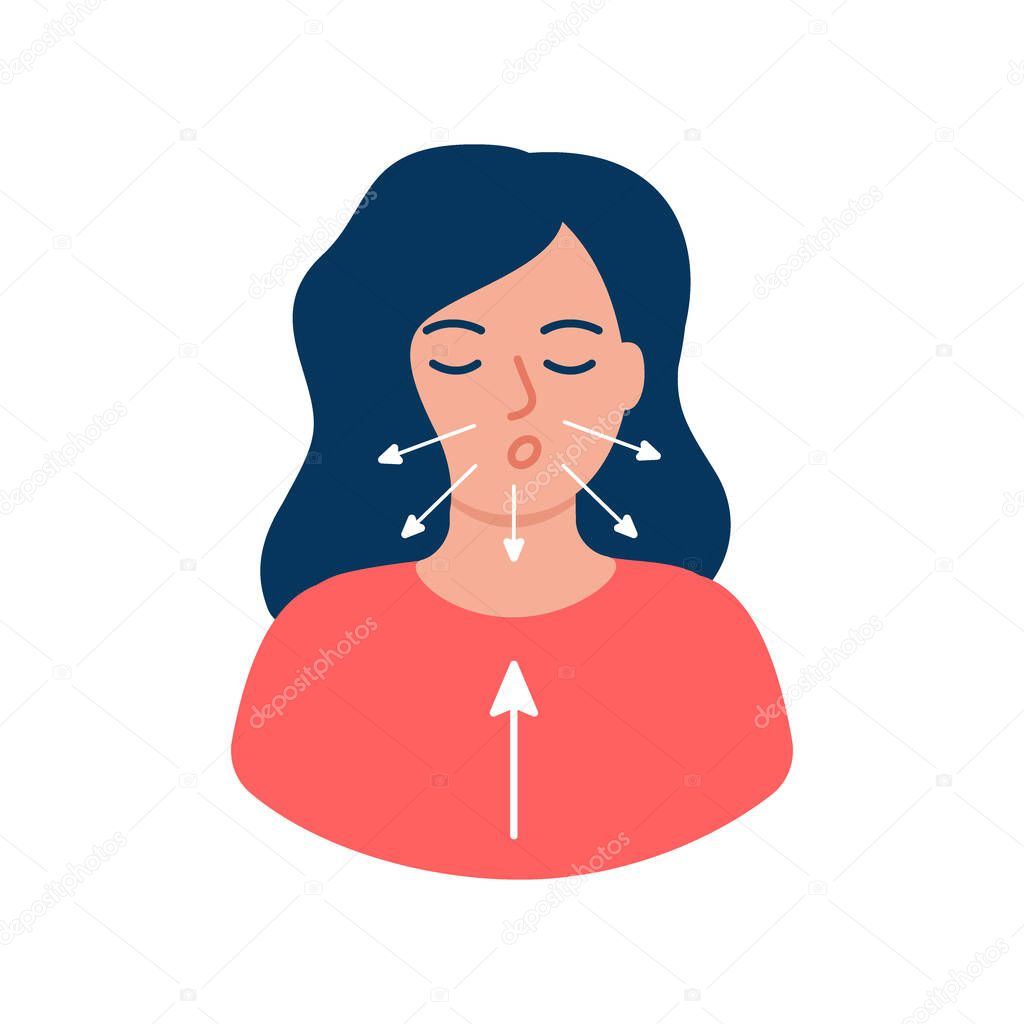 Girl is doing breathing exercise, deep exhale and inhale. Breathing exercise. Healthy yoga and relaxation. Vector illustration