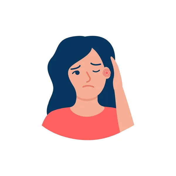 Bolest ucha ženy, problémy se sluchem, otitis, tinnitus. Dívka se drží za ucho. Bolestivé pocity. Kontaktování otolaryngologa pro pomoc a léčbu. Vektorová ilustrace — Stockový vektor