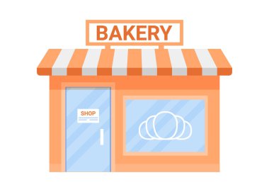 Pastane binası, dükkan çöreği ve kafe. Fırın ürünleri üretimi için bir kafe. Taze ekmek, somun ekmek, hamur işleri. Vektör