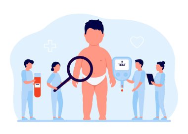 Çocuk sağlığı kontrolü, kan testi glukometresi, diyabet. Çocuk yaşında obezite sorunu. Doktor test şekeri glikoz seviyesi kan testi, diyabet konsepti. Vektör