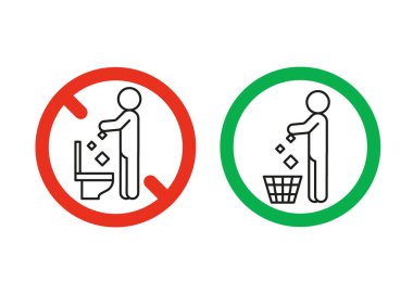 Rule take out trash in basket but not in toilet pan, prohibition warning sign. Do not throw garbage in toilet. Can throw rubbish into trash can. Problem of planet pollution, clean. Vector