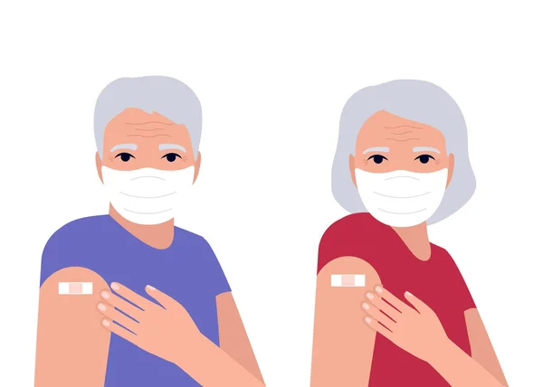 Homme et femme âgés après la vaccination immunitaire montrent la main avec patch. Protection main avec bandage après avoir reçu l'inoculation. Concept vaccin coronavirus. Illustration vectorielle — Image vectorielle