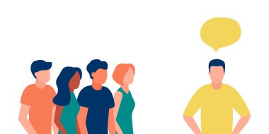 Grup çok kültürlü insanlar liderin mesajıyla iletişim kuruyor. Diyalogda insan ilişkisi. Grup iletişimi. Kalabalık ve lider patron. Vektör illüstrasyonu