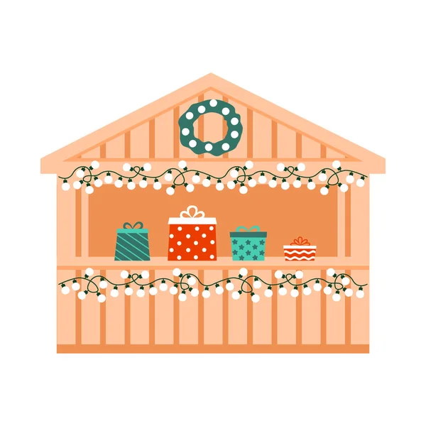 Feria de Navidad al aire libre, mercado de vacaciones con regalo, tienda exterior en casa pequeña. Los quioscos de madera con el comercio al por menor en Navidad y año nuevo. Ilustración plana del vector — Archivo Imágenes Vectoriales