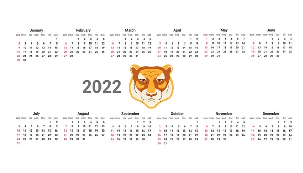 Calendario inglés de 2022 años, calendario con cabeza de tigre. Ilustración vectorial — Archivo Imágenes Vectoriales