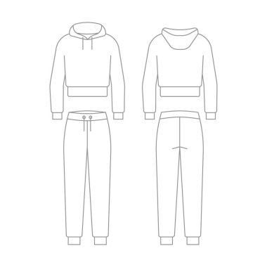 Pantolon koşucularından eşofman ve kaput şablonlu sweatshirt. Üniformalı spor giyim. Erkek ve kadın için normal spor süveter ve spor pantolon. Ön tarafta teknik model, arka manzara. Vektör