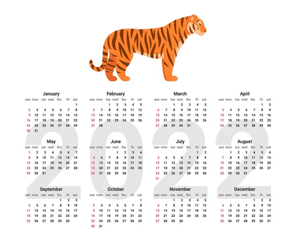 Английский Календарь 2022 Года Календарь Тигром Вектор — стоковый вектор