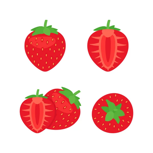Erdbeere Voll Halbe Und Geschnittene Nahrung Seiten Und Draufsicht Rote — Stockvektor