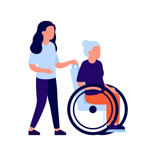 Volunteer Help Senior Woman Handicap Wheelchair Volunteering Service Elderly People — Stock Vector