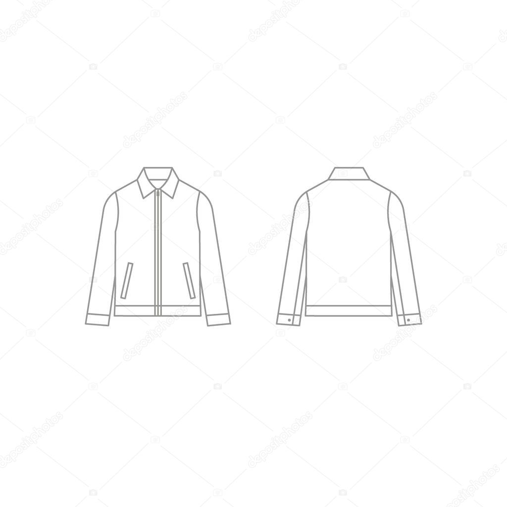 Man jacket, harrington collar coat clothes outline template with zip front. Apparel jacket technical mockup. Shirt in front and back view. Vector illustration