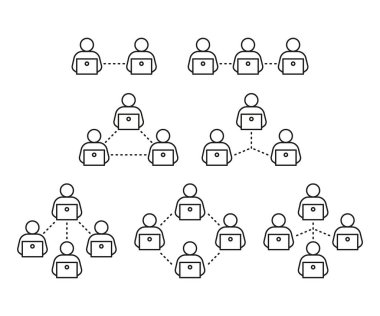 Çevrimiçi iletişim türleri. Çiftler, üçlüler, birleşik insanların kamaraları. Küresel iletişimde uzak online toplantı ekibi çalışması, özet. Sosyal ağlarda etkileşim. Vektör