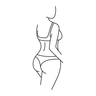 Beautiful woman body silhouette line art, figure girl in underwear view back. Minimalist linear female figure. Abstract nude sensual line art. Vector illustration