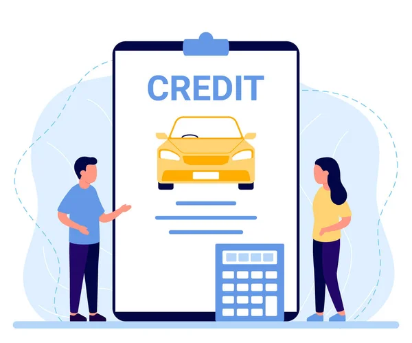 Bank credit on car transport, loan document on auto. Percent, good interest rate, interest-free mortgage. Loan agreement on property of vehicle. Vector illustration — Stockvector