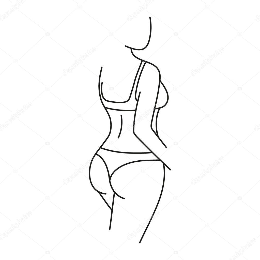 Beautiful woman body silhouette line art, figure girl in underwear view back. Minimalist linear female figure. Abstract nude sensual line art. Vector