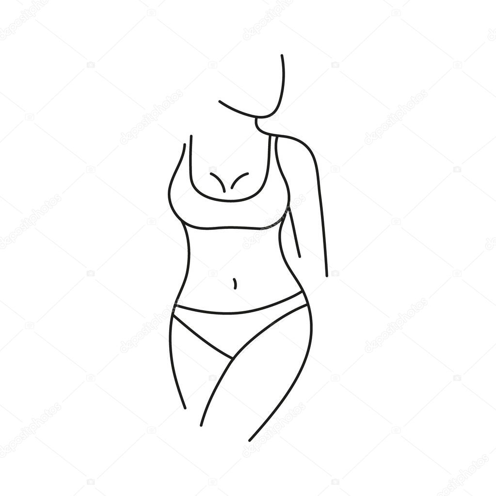 Beautiful woman body silhouette line art, figure girl in underwear view front. Minimalist linear female figure. Abstract nude sensual line art. Vector illustration