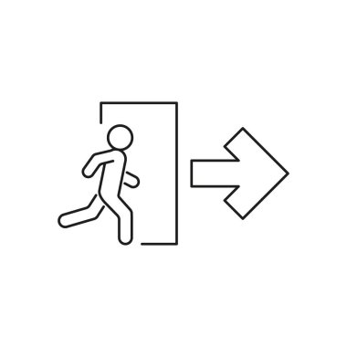 Acil çıkış, ok ile kaçış işareti, koruma için çıkış kapısı, çizgi sembolü. Adam kapıdan çıkıp gidiyor, uyarı işareti veriyor. Vektör