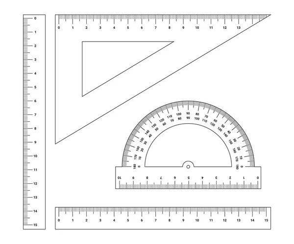 Set Meetinstrumenten Liniaal Driehoek Gradenboog Meting Van Lengte Hoek Graad — Stockvector