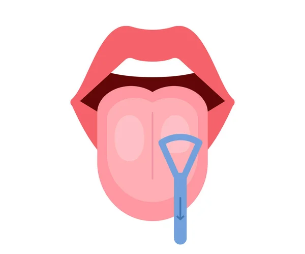 Limpiar la lengua limpiador de garganta raspador en la boca. Limpieza de la lengua. Prevención de la halitosis. Ilustración vectorial — Vector de stock