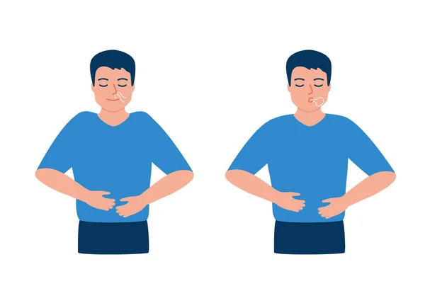 Adam nefes egzersizi yapıyor, derin nefes alıyor, nefes veriyor ve nefes alıyor. Nefes egzersizi. Sağlıklı yoga ve rahatlama. Vektör illüstrasyonu