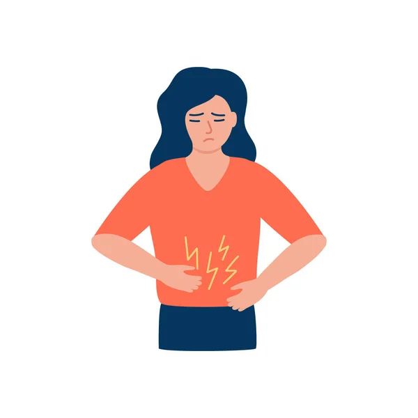 Dolor en el vientre de la mujer, problemas de salud, dolor de estómago. Chica sosteniendo sus manos en el vientre y sufriendo dolor abdominal. Dolor de estómago durante el período menstrual, diarrea o estreñimiento. Vector — Vector de stock