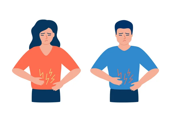 女人和男人的肚子痛 健康问题 人们把她的手放在肚子上 忍受腹部疼痛 月经期间胃痛 — 图库矢量图片