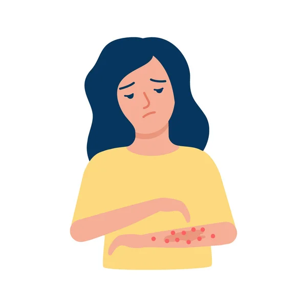 女性は腕を掻く アレルギー 皮膚のにきび かゆい肌に苦しんでいる女の子 症状の病気 ベクトル ロイヤリティフリーのストックイラスト