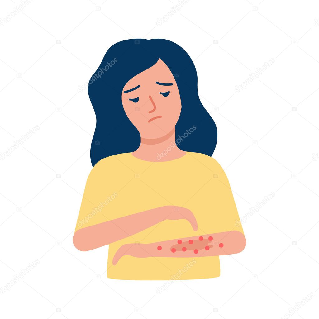 Woman scratching arm, rash, allergy, acne on skin. Girl suffering from itchy skin, symptom disease. Vector