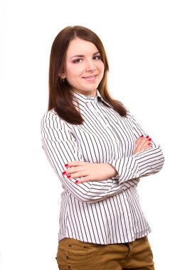 iş tarzı bluz içinde izole bir beyaz zemin üzerine güzel bir genç kadının portresi