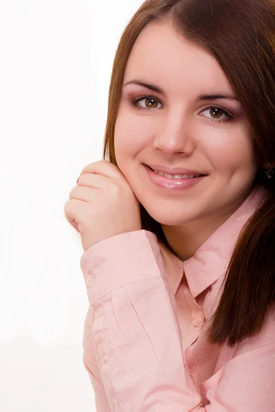 Portret van een mooie jonge vrouw op witte achtergrond in zakelijke stijl blouse — Stockfoto