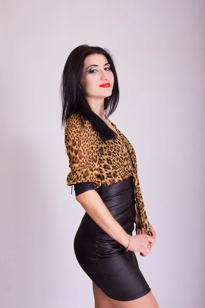 Estudio retrato de una hermosa chica morena delgada en un corto vestido negro apretado con bolero de leopardo —  Fotos de Stock