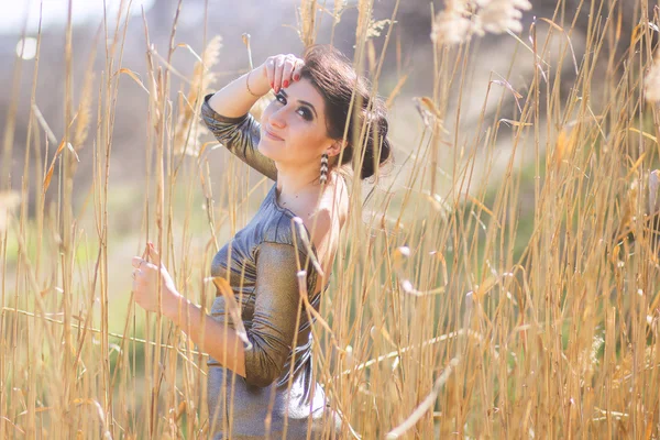 夏の草原の屋外ポーズかなりブルネットの若い女性。官能的な女の子が公園でポーズ — ストック写真
